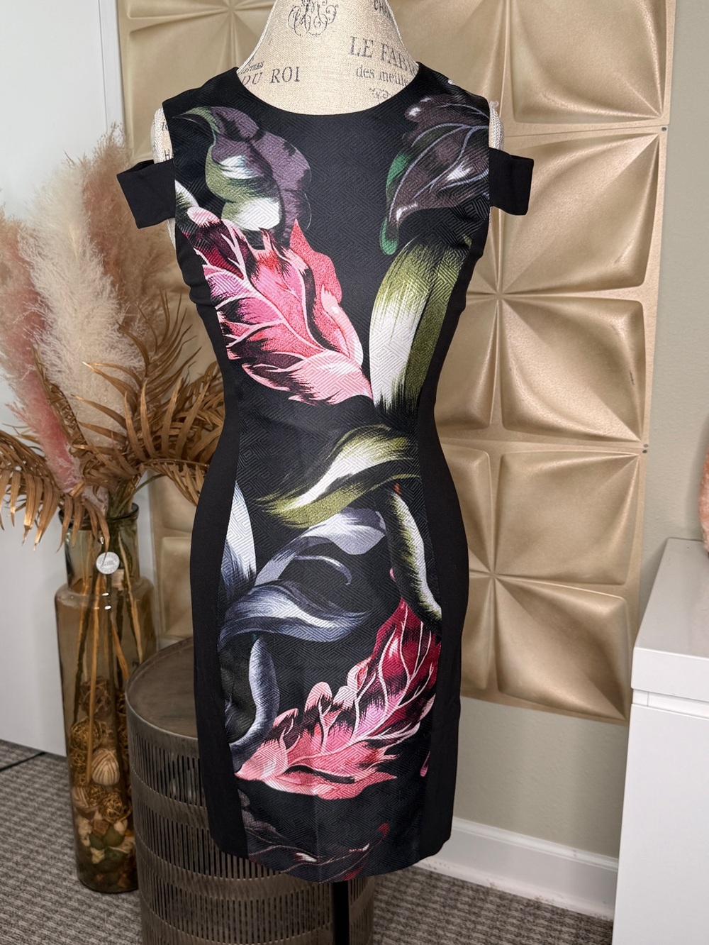 Ted Baker Black Midi Dress with Pink and Green Floral Print